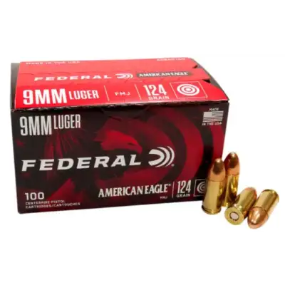 Federal American Eagle 9mm Luger Ammo 124 Grain Full Metal Jacket AE9AP100