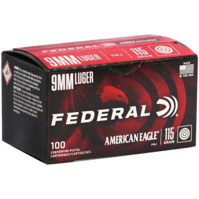 Federal American Eagle 9mm Luger Ammo 115 Grain Full Metal Jacket AE9DP100